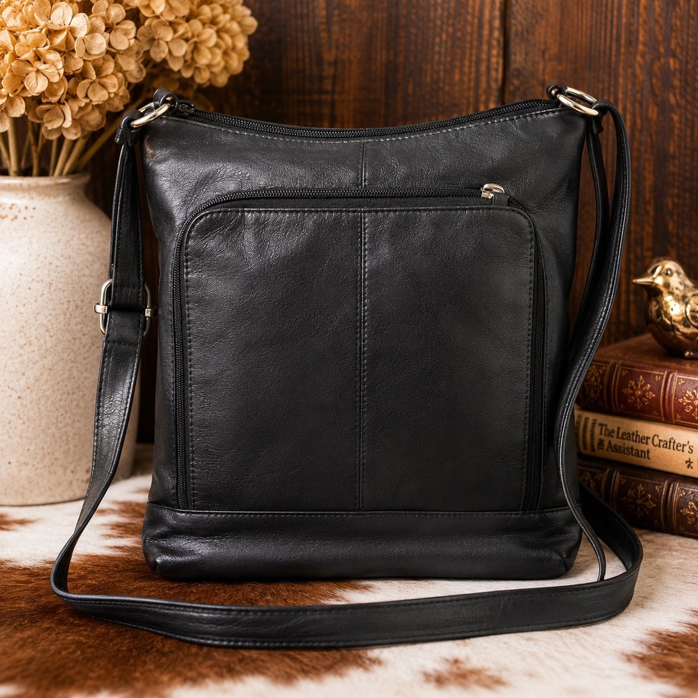 Black Leather Organizer Crossbody Bag Whipstitch Everyday Travel Great American